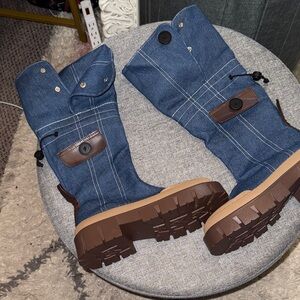 Woman’s  Blue Denim Boots with Brown Accents